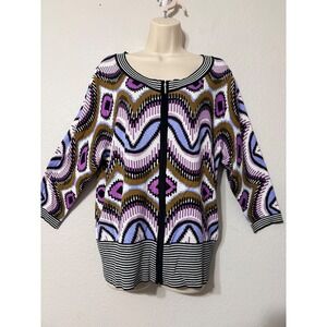 Midnight Velvet 1X Geometric Zip Front Cardigan Purple Brown Abstract Knit